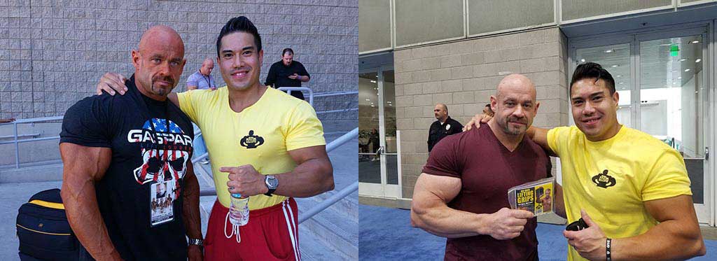 On the left, Ben with Branch Warren at the Olympia 2015. On the right, Ben and Branch say hello at the LA Fit Expo 2020.